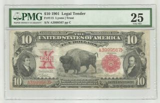 Series Of 1901 Large $10 Bison United States Red Seal Note Pmg 25 Very Fine 610 photo