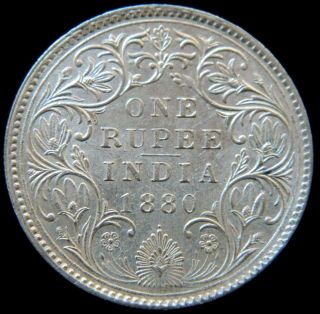 1880 - B One Rupee Silver Coin Victoria Empress British India Aunc M626 photo