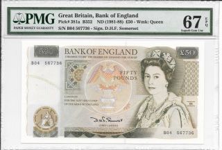 Great Britain,  Bank Of England - 50 Pounds,  Nd (1981 - 88).  Pmg 67epq.  Rare. photo