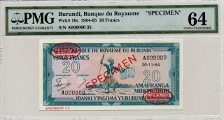 Banque Du Royaume Burundi 20 Francs 1964 Specimen: A000000 Pmg 64 photo