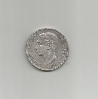 Ncoffin Spain Alfonso Xii De Espana 1876 De - M 5 Pesetas.  900 Fine Silver Coin photo