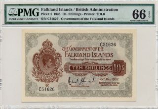 Brtish Administration Falkland Island 10 Shillings 1938 Rare Pmg 66epq photo