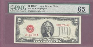 Red Seal 1928 G $2 Legal Tender Note Pmg 65 Gem Unc F : 1508 Clark - Snyder Ppc photo