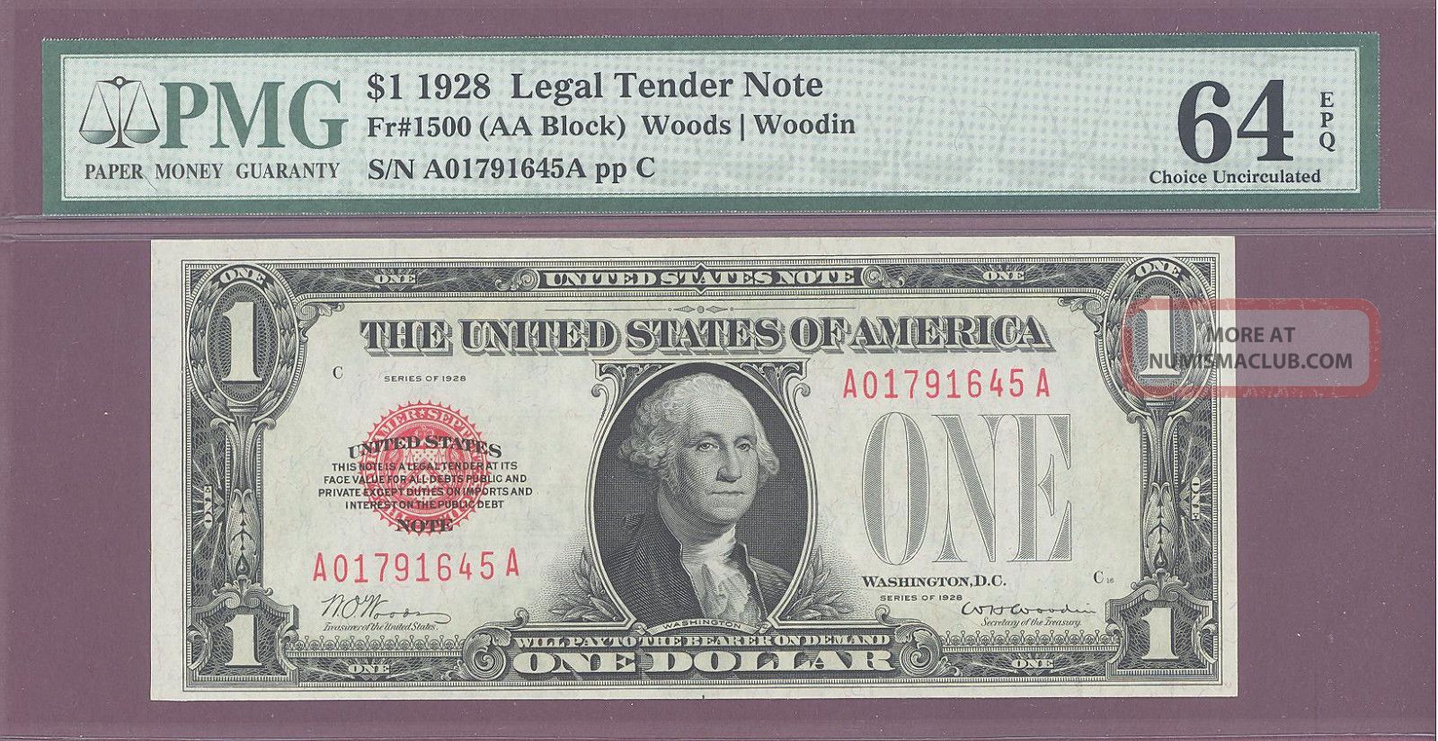 Red Seal 1928 $1 Legal Tender Note Pmg 64 Epq Choice Unc F : 1500 Aa Block Small Size Notes photo