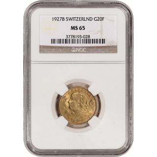 1927 B Switzerland Gold 20 Francs - Ngc Ms65 photo