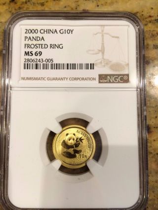 2000 Frosted Ring China Panda G10y Gold 1/10oz Ngc Ms 69 Beauty photo