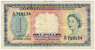 Malaya & British Borneo 1953 Qn.  Elizabeth Ii 1 Dollar Crisp Note Vf.  P 1a. photo