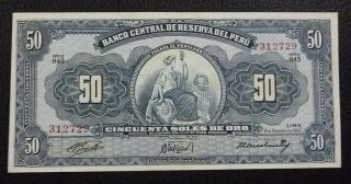 Peru Banknote 50 Soles De Oro,  Pick 85a Xf,  1962 photo