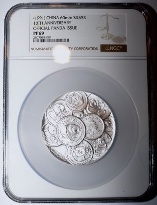 1991 China 60mm 10th Anniversary Official Panda Issue Silver Medal Ngc/ncs Pf69 photo
