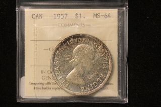 1957 Canada.  1$ Dollar.  Voyageur.  Iccs Graded Ms - 64.  (xeb969) photo