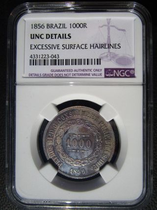 1856 Brazil 1000 Reis,  Ngc Unc Details - Cleaned,  043 photo