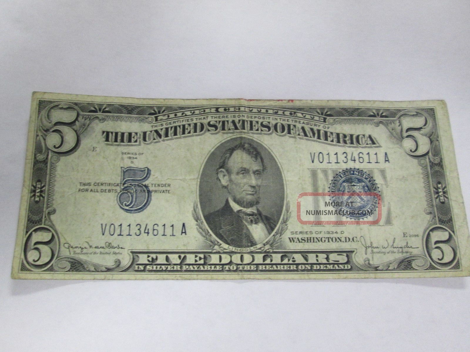 1934d $5 Dollar Bill Silver Certificate Blue Seal Bank Note Small Size Notes photo