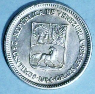 Venezuela 25 Centimos 1954 Extra Fine/almost Uncirculated 0.  8350 Silver Coin photo