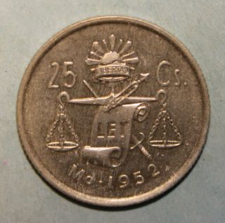 Mexico 25 Centavos 1952 Uncirculated Silver Coin photo