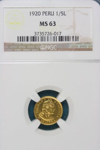 1920 Ngc Ms63 1/5l Peru Gold Coin Iy1 photo