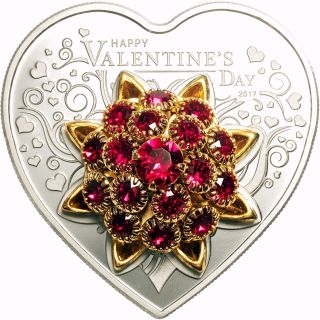 Valentine ' S Day Heart Shaped Silver Coin Proof Swarovski Elements Cook Islands photo