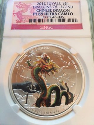 2012 Tuvalu Chinese Dragon Dragons Of Legend 1 Oz Silver Proof Pf 69 Ultra Cameo photo