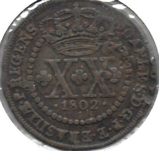 Brazil (portuguese Colony) 1802 Xx Reis Copper Coin Km - 233.  1 Toned Vf photo