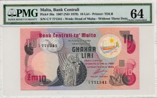 Bank Centrali Malta 10 Liri Nd (1979) Pmg 64 photo