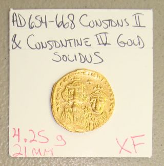 Ad 654 - 668 Constans Ii & Constantine Iv Ancient Byzantine Gold Solidus Xf photo