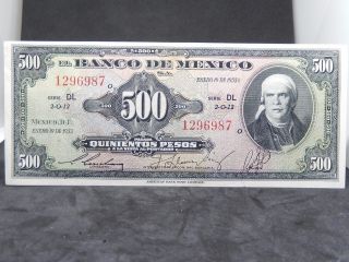 Au - Unc 1953 Banco De México 500 Pesos Morelos Serie Dl Pick: 51d photo