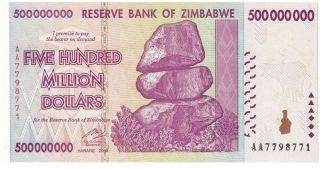 Zimbabwe 500 Million Dollars P - 82 2008 Aa Unc Banknote 50/100 Trillion Series photo