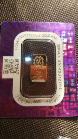 5 Gram.  9999 Gold Bar - In Certi - Lock By Scottsdale A377 photo