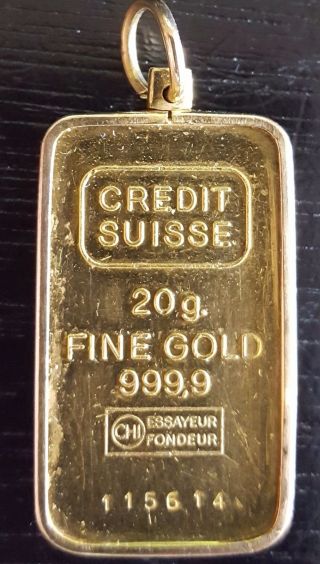 20 Gram 24k.  9999 Credit Suisse Gold Bullion Bar - As Jewelry Pendant photo