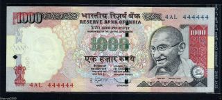 Rs 1000/ - India Bank Note Solid Number 4 - 444444 Unc photo