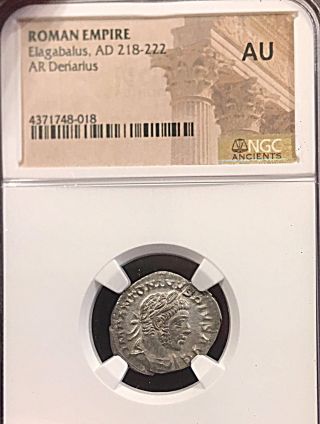 Elagabalus Ancient Roman Silver Denarius Ngc Certified Au 2.  9g Invictvs Sacerdo photo