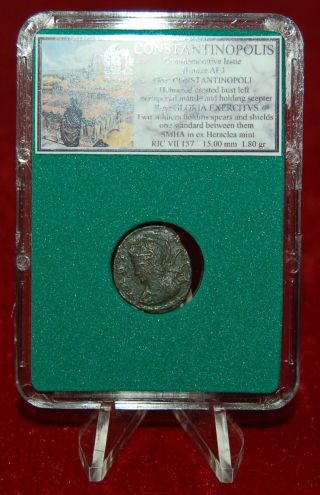 Ancient Roman Empire Coin Commemorative City Of Constantinopole Two Soldiers photo