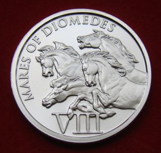 Solid Silver Round 1 Troy Oz Mares Of Diomedes 12 Labors Hercules.  999 Bu photo