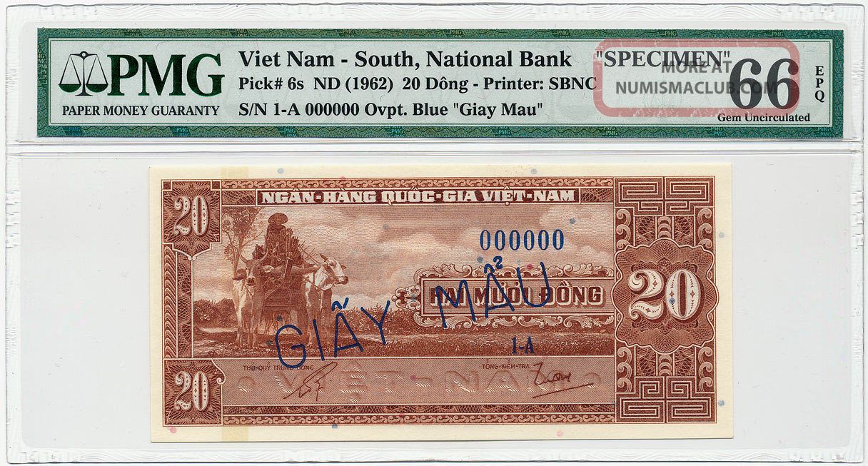 Vietnam South - 20 Dong Nd/1962,  P6s Specimen 000000 Pmg Gem Unc 66 Epq Asia photo