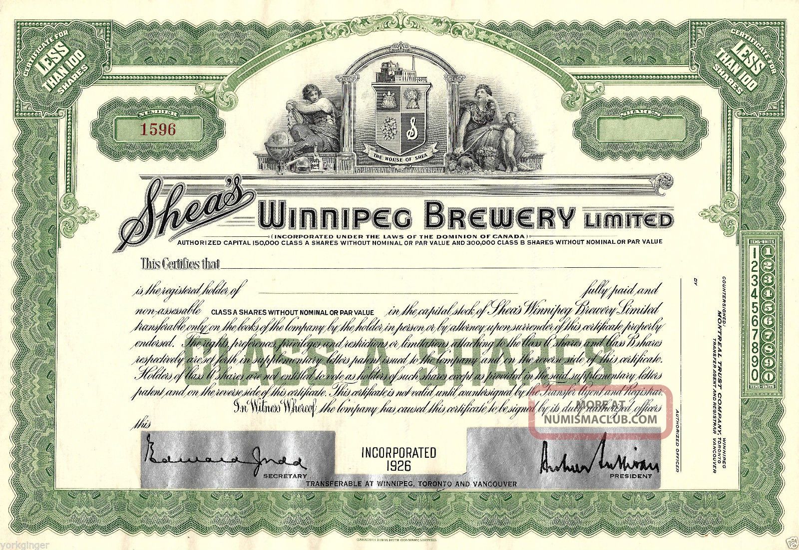 Shea ' S Winnipeg Brewery Ltd.  Canada,  - 100 Glass A Shares 1926 Stock Certificate Stocks & Bonds, Scripophily photo