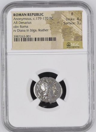 Ngc Graded Roman Republic Silver Denarius,  Anonymous,  Roma,  Chariot,  Graded Fine photo