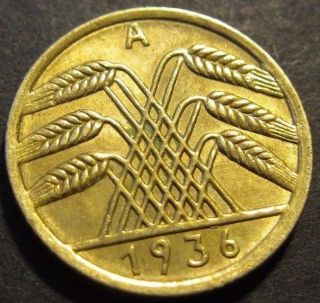 Germany 1936 - A 5 Reichspfennig German 3rd Reich Brass Coin (rl 475) Unc Bu photo