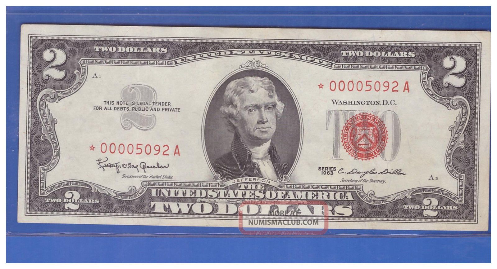 1963 Star Two Dollar Bills Real Bill Low Series A922 Small Size Notes photo