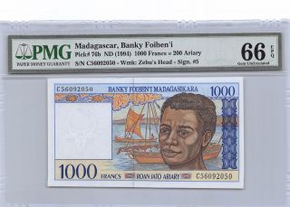 Madagascar 1000 Francs Nd.  1994 P 76b Pmg 66 Epq Gem Uncirculated Banknote photo