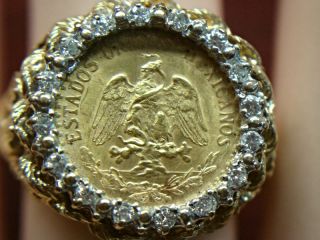 Mexico Two Peso Gold Coin In Fancy 14k Ring With 16 Diamonds - Extra photo