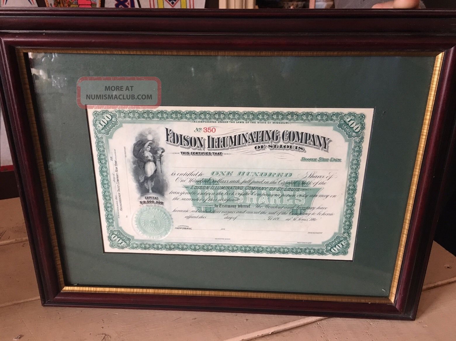 Antique Thomas Edison Framed Stock Certificate Stocks & Bonds, Scripophily photo