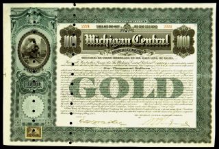 Stock Certificate Michigan Central Railroad Co $1000 3 1/2 Gold Bond 1902 photo