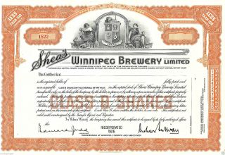 Shea ' S Winnipeg Brewery Ltd.  Canada,  - 100 Glass B Shares 1926 Stock Certificate photo
