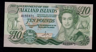 Falkland Island 10 Pounds 1986 Pick 14 Au - Unc Banknote. photo