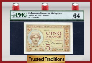 Tt Pk 35 1937 Madagascar Banque De Madagascar 5 Francs Pmg 64 Choice Unc photo