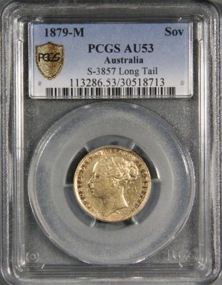 1879 - M Australian Sovereign Gold Coin S - 3857 Long Tail Pcg Au 53 Inv 1010 photo