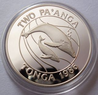 Tonga 2 Pa ' Anga 1986 Humpback Whale World Wildlife Fund Silver Coin Proof photo