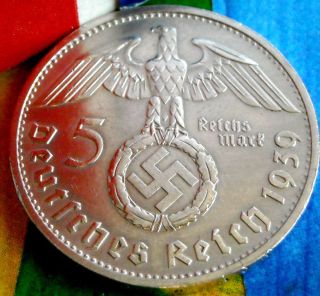 1939 - B Nazi Big Swastika German 5 Mark.  900 Silver Coin - Ww2 Germany 5 Reichsmark photo