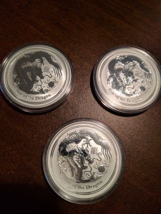 Three (3) Australia Perth Lunar 2012 Year Of The Dragon Silver 1 Oz Coin photo