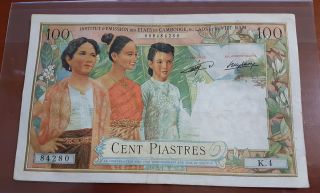 Laos French Indochina 100 Piastres Nd (1954) P 103 Vf Circulated Banknote photo