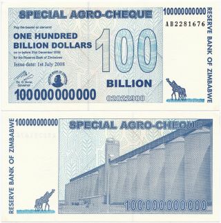 Zimbabwe,  100 Billion Dollars 2008,  Pick 64,  Aunc/unc photo